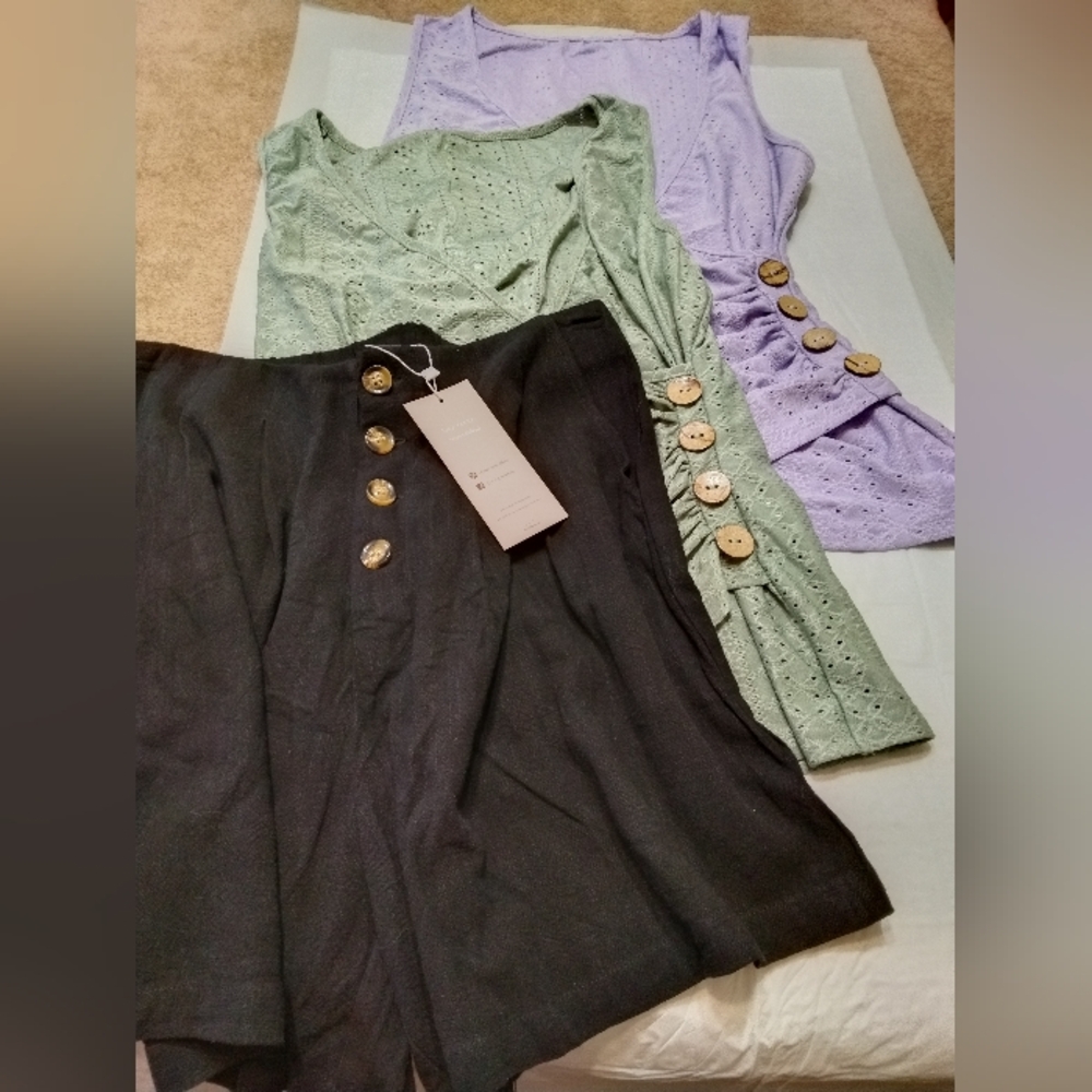 One Emery Rose Linen Shorts and 2 Salanta Eyelet Ruched tops